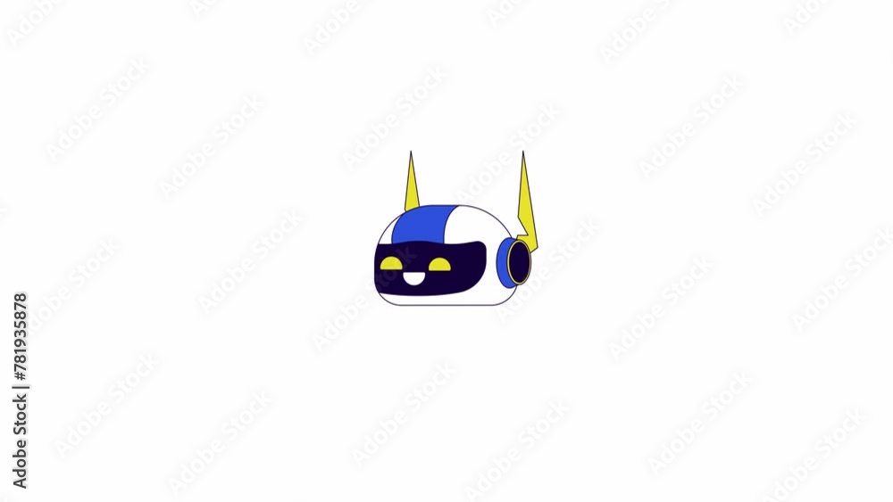 Poster blinking robotic head smiling line 2d character animation. innovative tech android floating in air f