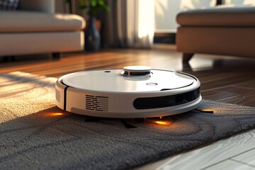 Robot vacuum cleaner on carpet in living room, selective focus