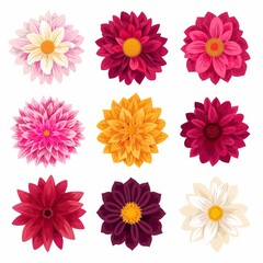 Dahlia Flower Icon Set, Garden Dahlia Flat Design, Abstract Dahlia Symbol, Simple Flowers Bouquet