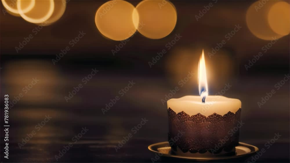 Poster a single lit candle with decorative lace on a saucer exudes warmth against a blurred bokeh backgroun