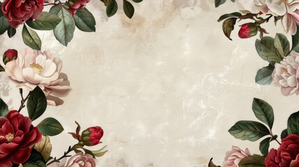 Red and White Floral Background with Vintage Roses