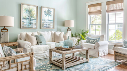 Creating a serene oasis in the living room with soft seafoam green walls, natural wood accents, and touches of crisp white for a coastal-inspired ambiance.
