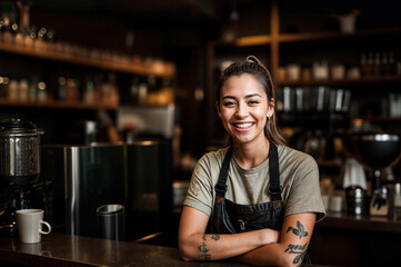 Smiling young professional barista woman standing near the counter with her arms crossed. - obrazy, fototapety, plakaty