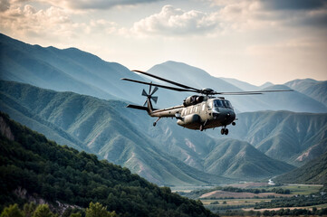 military helicopter in flight in the sky against the backdrop of mountains - obrazy, fototapety, plakaty