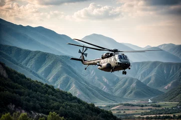 Zelfklevend Fotobehang military helicopter in flight in the sky against the backdrop of mountains © Рика Тс