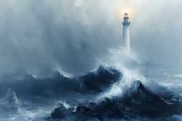 Lighthouse Beacon in Tempestuous Seas. Concept Seafaring Adventures, Maritime Mysteries, Historic Landmarks, Stormy Weather