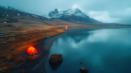 lake in the mountains and a tourist tent on the shore - obrazy, fototapety, plakaty