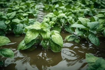 Heavy rains flooded the crops. Potato leaves close-up from under water. Flood. Crop failure.