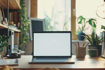 Tranquil Home Office with Open Laptop and Lush Plant Decor