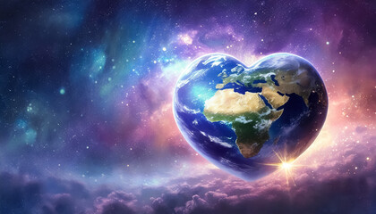 Heart shaped planet Earth framed and backlit by clouds and nebula dust; Earth day, Save the Earth, Peace concept