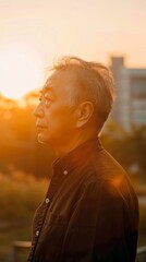 Elderly Asian Man Contemplating at Sunset in Urban Park