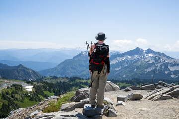 Man looking at the mountain views at Skyline Trail. Mt Rainier National Park. Washington State. - 781936835