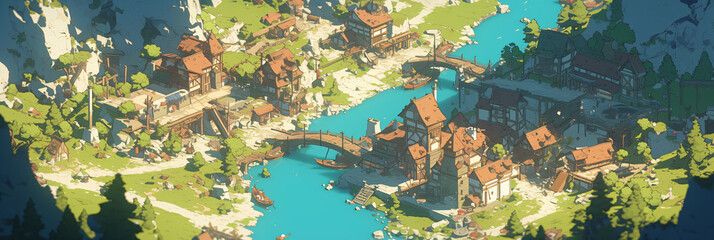Naklejka na ściany i meble Isometric illustration of miniature village and mountain landscape. Digital art for geography education, travel concept, game design and fantasy map concept.