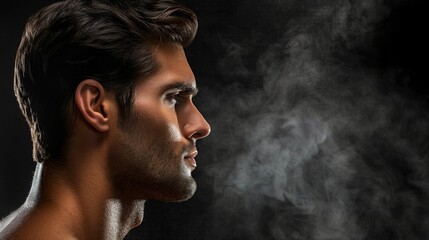 Handsome Man with Stubble in Dramatic Side Profile against Dark Background