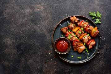 Grilled chicken kebab. Top view with copy space. - 781936886