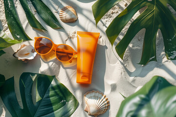 mockup orange sunscreen cream and sunglasses,seashell, tropical leaves, on the beach , flat lay composition, summer advertising layout - obrazy, fototapety, plakaty