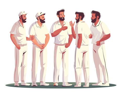 Animated Teamwork Strategy: Huddled Players Discuss Bowling Changes and Fielding Positions