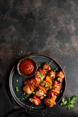 Grilled chicken kebab. Top view with copy space.