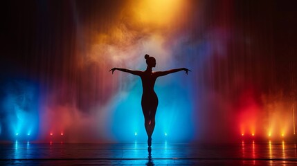 Dancer's silhouette in mixed lights, athletic grace on a black stage