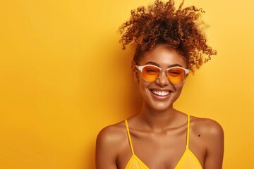 Vibrant young woman with curly hair, smiling in summer attire against a yellow background. Joyful, fresh, upbeat mood. Generated AI - obrazy, fototapety, plakaty