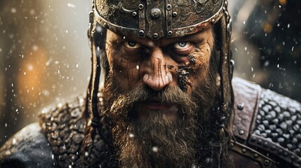 Intense Warrior in Armor Gritty Close-Up - 781937422