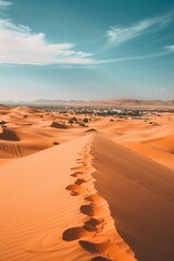 Oasis in a vast desert, mirage of a distant city, saturated colors, late afternoon, eyelevel view