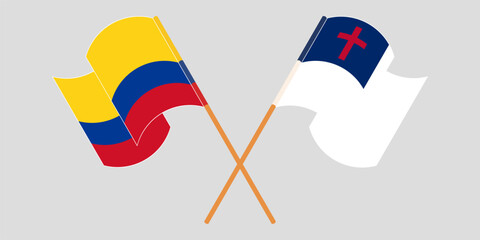 Crossed and waving flags of Colombia and christianity