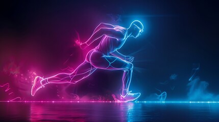 Runner's dynamic posture captured in neon, racing against a black void, high-res