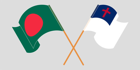 Crossed and waving flags of Bangladesh and christianity