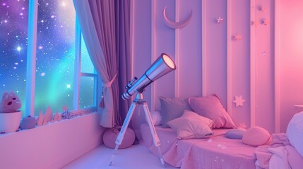 Pink-Themed Room with Night Sky View Through Telescope - obrazy, fototapety, plakaty