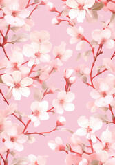 Fototapeta na wymiar 부드러운 파스텔 핑크와 흰색의 작고 손으로 그린 벚꽃이 있는 섬세하고 봄에서 영감을 받은 꽃 패턴 A delicate, spring-inspired floral pattern with tiny, hand-drawn cherry blossoms in soft, pastel pink and white