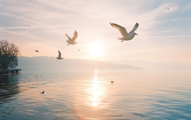 A flock of seagulls flying over the water in front of a lake or the sea, with mountains and buildings visible on the horizon. The sky is a clear blue with soft sunlight filtering through the clouds. - obrazy, fototapety, plakaty