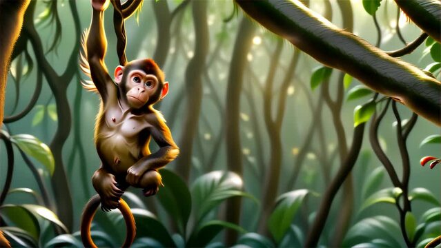 A young animated monkey dangles playfully from a vine in a lush, verdant jungle, exuding a sense of adventure and curiosity.. AI Generation