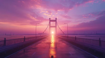 Foto auf Leinwand sunset on the big bridge with vaporwave tone color, suitable for wallpaper, posters. Generative AI © wellyans