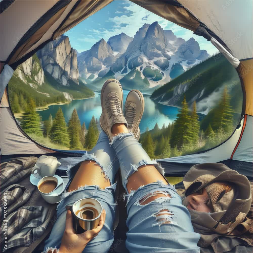 Poster cozy view from inside a tent of a serene lake and mountain range, with someone enjoying the tranquil