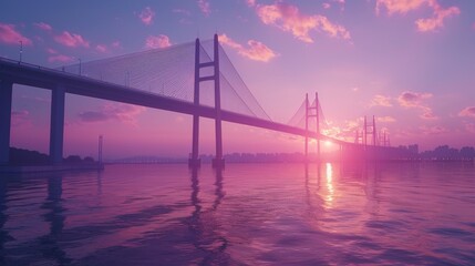 sunset on the big bridge with vaporwave tone color, suitable for wallpaper, posters. Generative AI