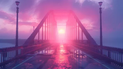 Crédence de cuisine en verre imprimé Rose  sunset on the big bridge with vaporwave tone color, suitable for wallpaper, posters. Generative AI