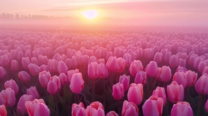 Serene Sunrise Over Pink Tulip Field