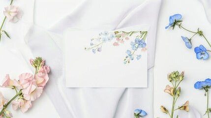 Elegant Flat Lay with Flowers and Blank Card on Silk Background