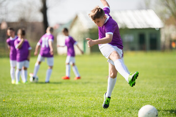 Young soccer player kicking the ball into the goal on large grass field - 781938834