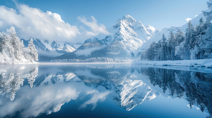 Snow covered Mountain reflecting in a calm lake - Powered by Adobe