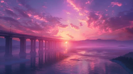 Poster sunset on the big bridge with vaporwave tone color, suitable for wallpaper, posters. Generative AI © wellyans