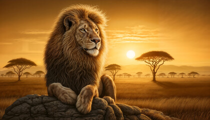 Lion looking at the savanna at sunset, with copyspace
