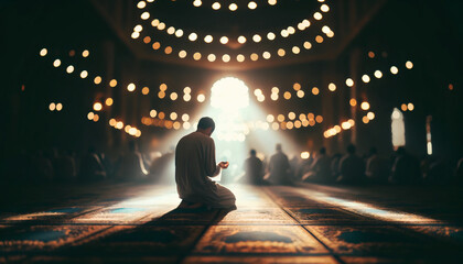 Islamic religious men praying in mosque, indoor light.ai