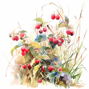 Raspberries in meadow, white background, watercolor illustration.