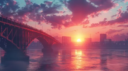 Zelfklevend Fotobehang sunset on the big bridge with vaporwave tone color, suitable for wallpaper, posters. Generative AI © wellyans