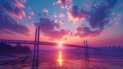 sunset on the big bridge with vaporwave tone color, suitable for wallpaper, posters. Generative AI