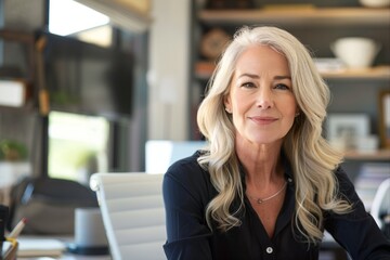 Close up portrait of a blonde mature woman in a business office