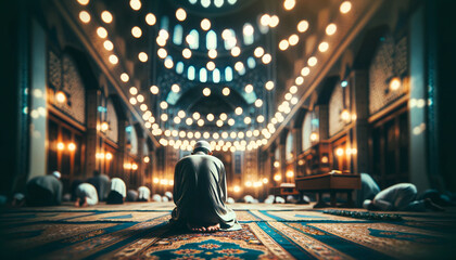 Islamic religious men praying in mosque, indoor light.ai - 781939251