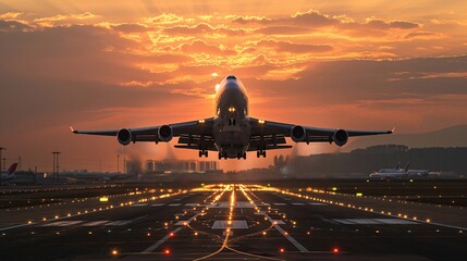 Sunset Departure: Jetliner Taking Off from Airport Runway